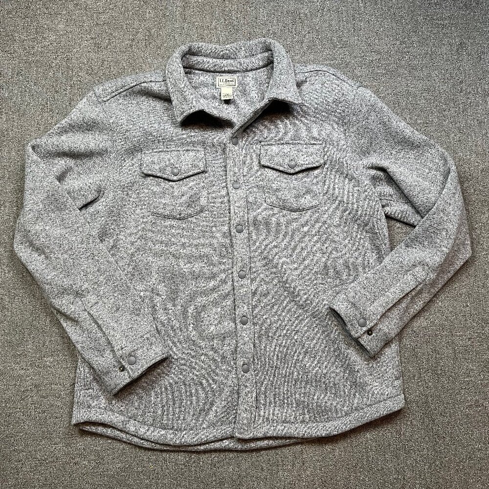 LL Bean Sweater Shacket Mens XL Gray Thick Fleece Jacket Snap Up
